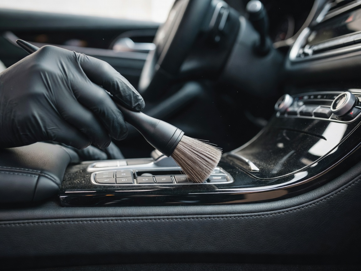 Detailer using fine horsehair brush to clean car interior button controls and console seams