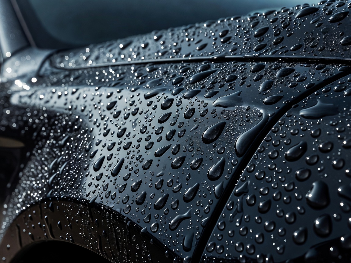Water water-beads standing perfectly rounded on a high-gloss ceramic coated silver car bonnet