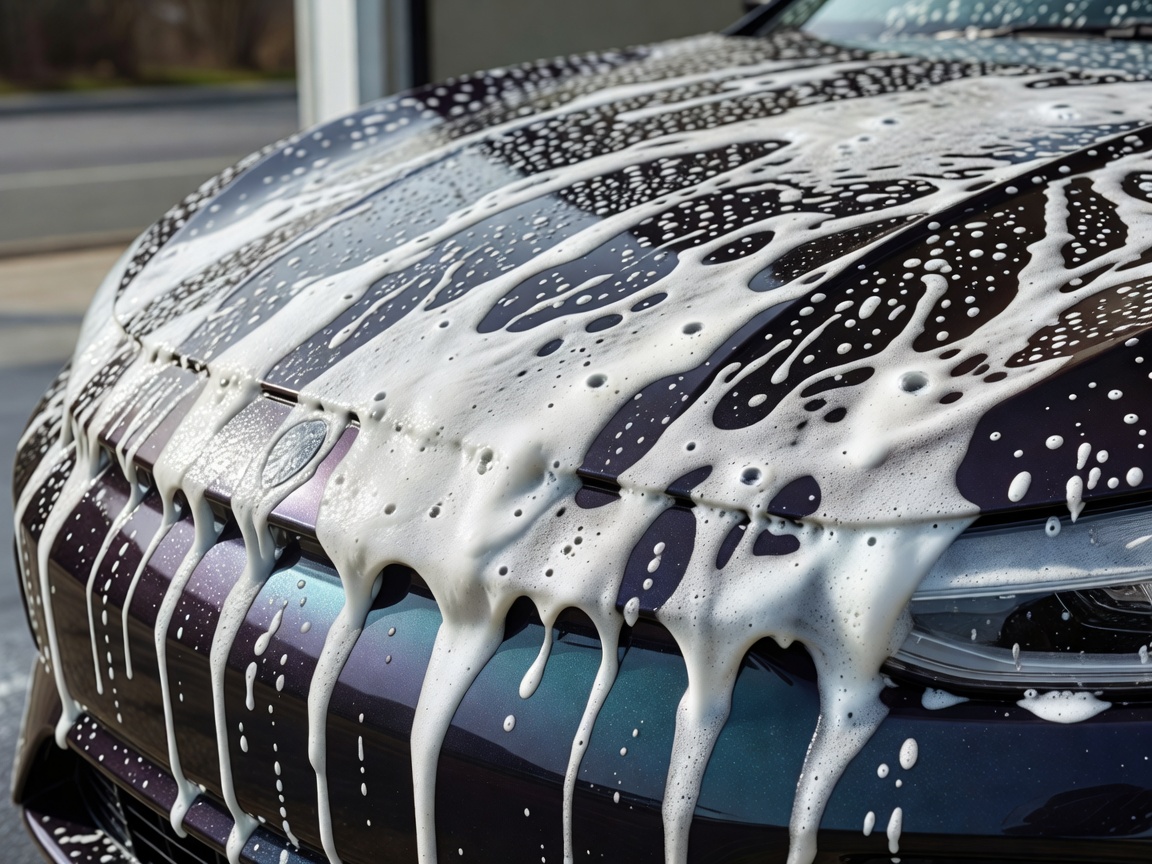 Snow foam pre-wash applied to the hood of a dark metallic vehicle during a safe cleaning process