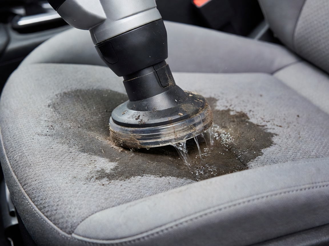 Wet extraction cleaning head drawing dirt out of grey car seat fabric